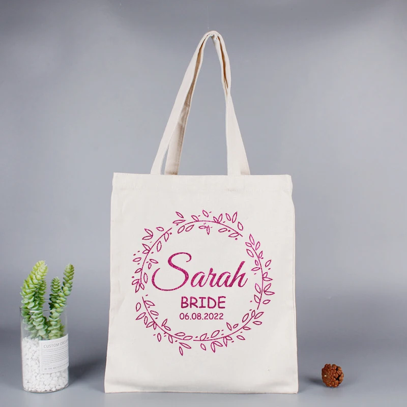 Custom Name Date Bride Bridesmaid Gift Tote Bag Shopping Original Design White Zipper Unisex Fashion Travel Canvas Bags