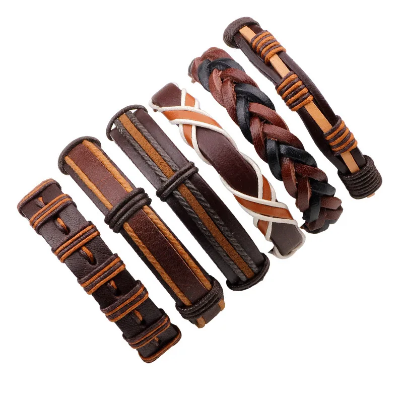 10 Styles Trendy Vintage Multilayer Handmade Leather Bracelets Men Leaf Anchor Aircraft Wood Beads Bracelets & Bangle Wholesale