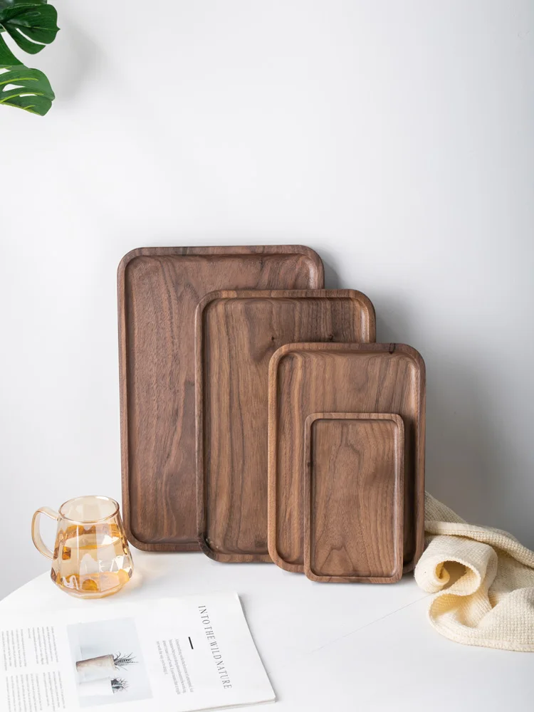 

Solid Wood Tea Tray Log Color Rectangular Black Walnut Whole Wooden Tea Cup Teapot Holder Serving Plates