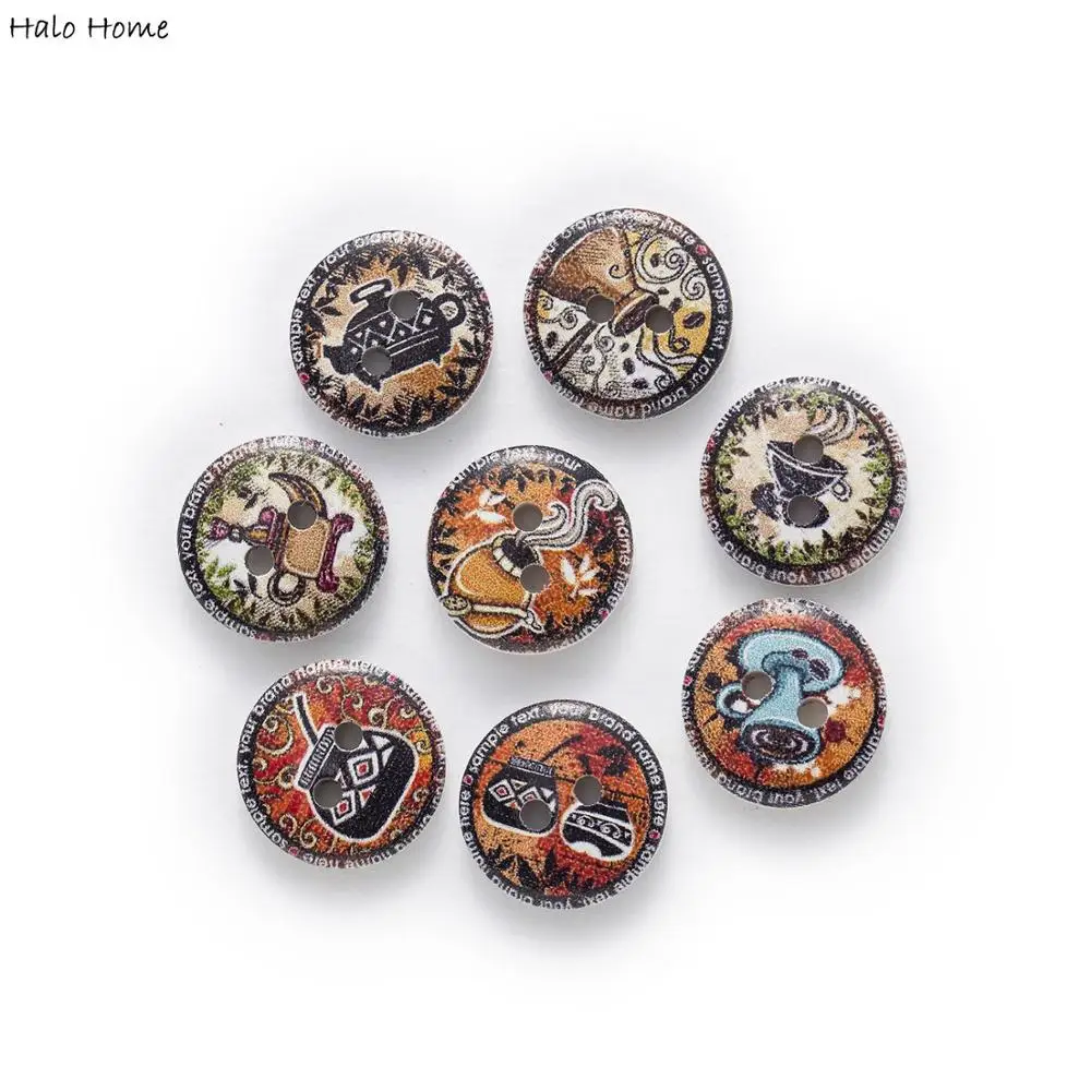 50pcs Indian color Retro Printing Round Wood buttons Sewing Scrapbook Clothing Gifts Crafts Handwork Accessories 15mm