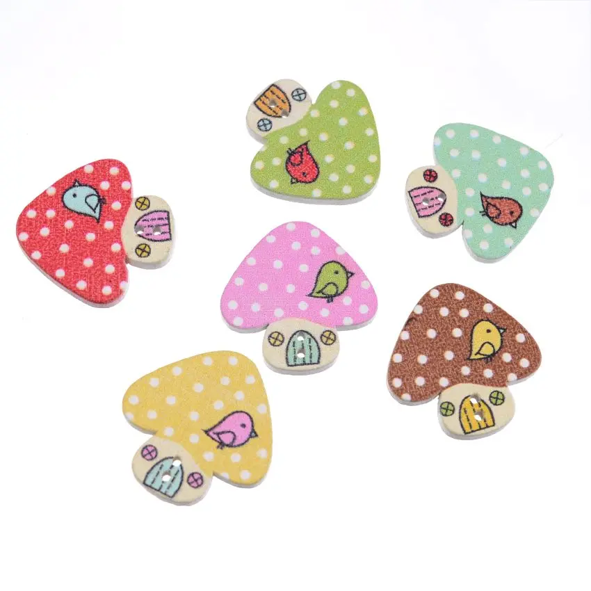 Retail For Diy 10Pcs Random Mixed 2 Holes Pattern Cartoons Mushroom House Wood Sewing Buttons Scrapbooking 22x23mm F0050