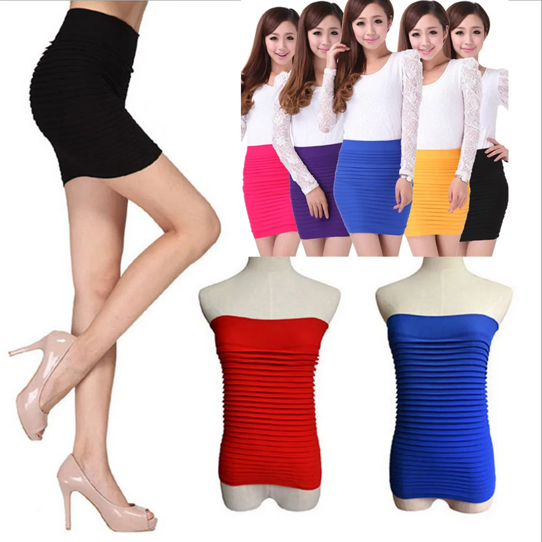 Zomer Vrouwen Rok Hoge Taille Plooirok Snoep Kleur Gebreide Elastische Mini Rok Sexy Office Lady Korte Rokken Zwart Rood