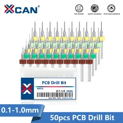 XCAN 50pcs PCB Drill Bit Set 0.1 0.4 0.5 0.9 1.0mm PCB Circuit Board Hole Drilling Tool Cutter Carbide Mini Drill