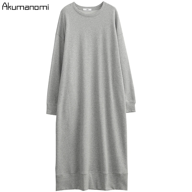 autumn spring plus size maxi dresses for women 2020 xxxl 4xl 5xl 6xl 7xl gray o neck long sleeve Casual fall dress with pockets