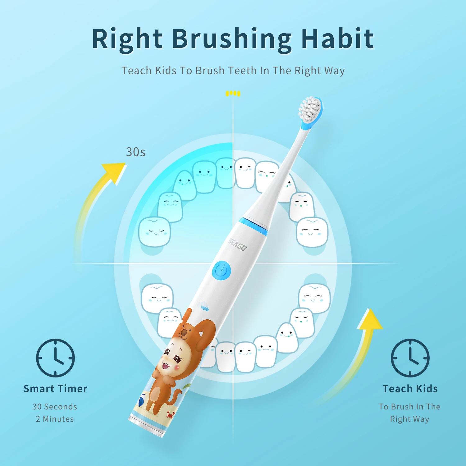 Seago SK3 Kids Sonic Electric Toothbrush Rechargeable Soft Tongue Cleaner 3-12years Day and Night Modes 4 Toothbrush Heads