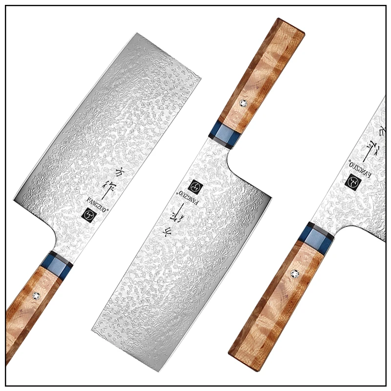 

FANGZUO Professional Kitchen Knives Damascus Steel Cleaver Chef Knife Japanese Sharp Vegetable Cutter Octagonal Ox bone handle