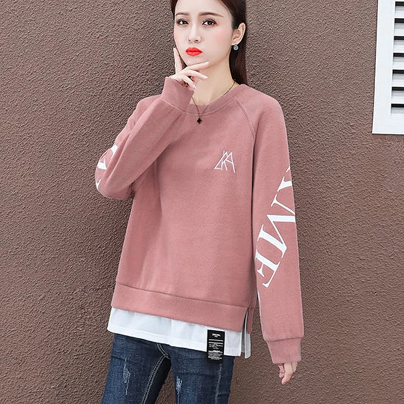 

Spring Autumn Cotton Women's Sweater Loose Fake Two Pieces Patchwork O-Neck Long Sleeve Korean Loose Sweatshirts AA4034