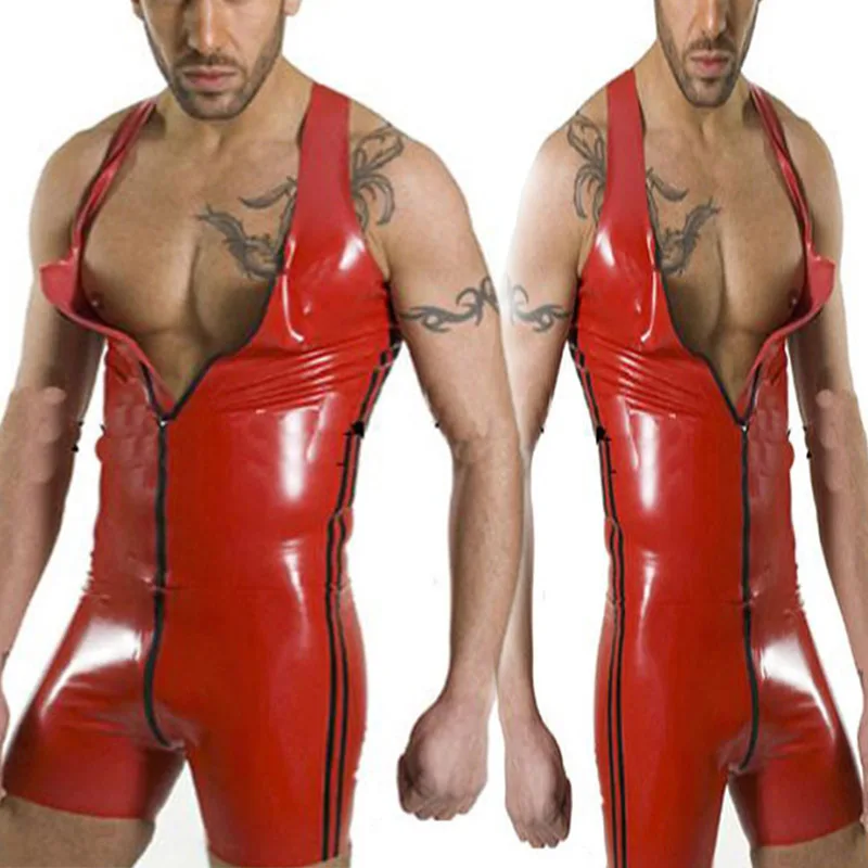 Sexy Mens Wetlook Pu Lederen Mouwloze Rits Open Voorzijde Bodysuit Rode Een Stuk Lederen Latex Jumpsuit Kostuum Lingerie Bdsm