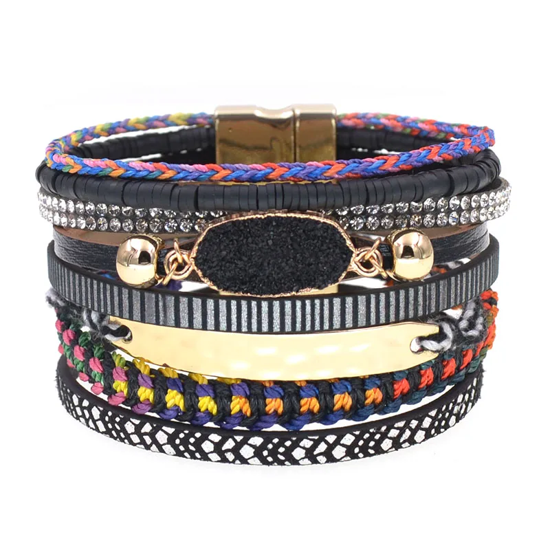 WELLMORE leather bracelets for women bohemia bracelets multilayer wide charm Bracelets & Bangles Female fashion Jewelry