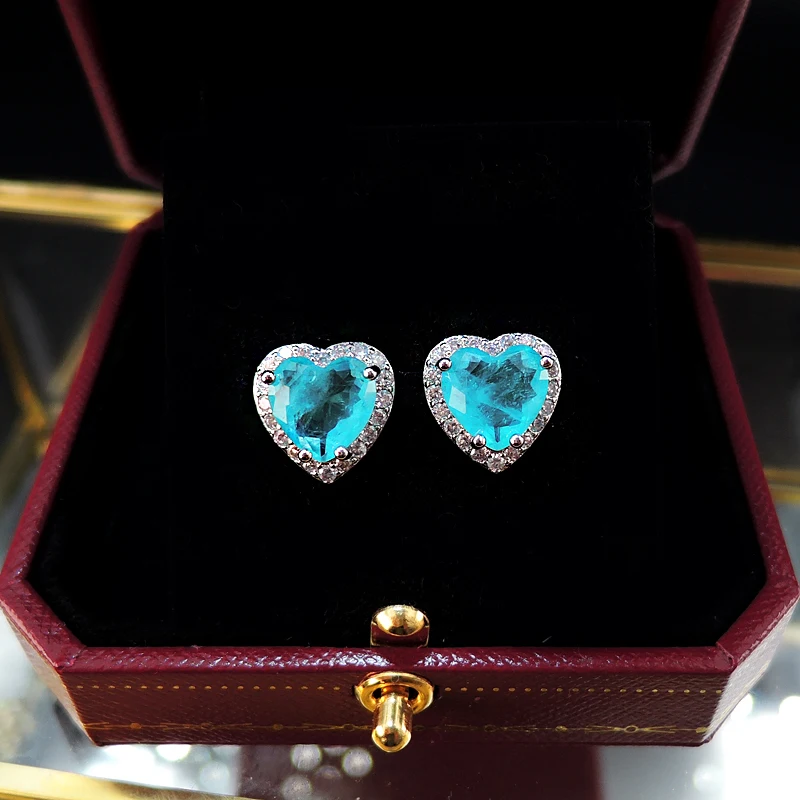 FFGems Paraiba Tourmaline Ngọc Lục Bảo Đá Quý Trái Tim bạc Vàng màu sắc Mới Bông Tai Vòng Cổ Bộ 2020 cho Nữ Cô Gái Tặng Sỉ