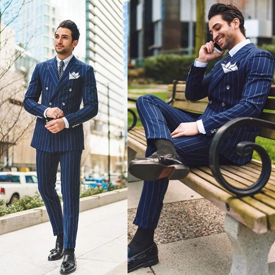 Newest Mens Suits Polyester Blend 2 Piece (Coat+Pants) Peaked Lapel Terno Masculino Double-Breasted Striped Suit Slim Fit