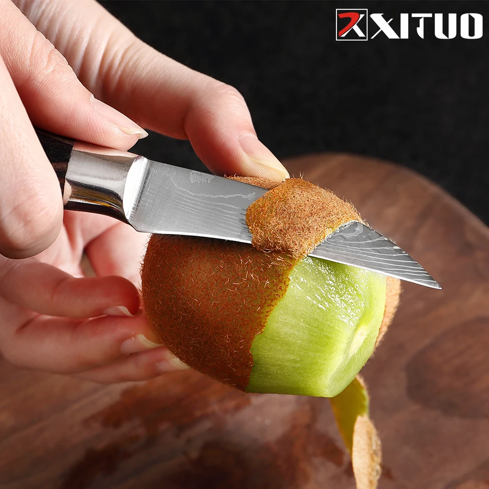 XITUO 3.5 Inch Bếp Điện Dao Trái Cây 7Cr173 Thép Không Gỉ Laser Damascus Hoa Văn Màu Gỗ Tay Cầm Dao Nhà Bếp