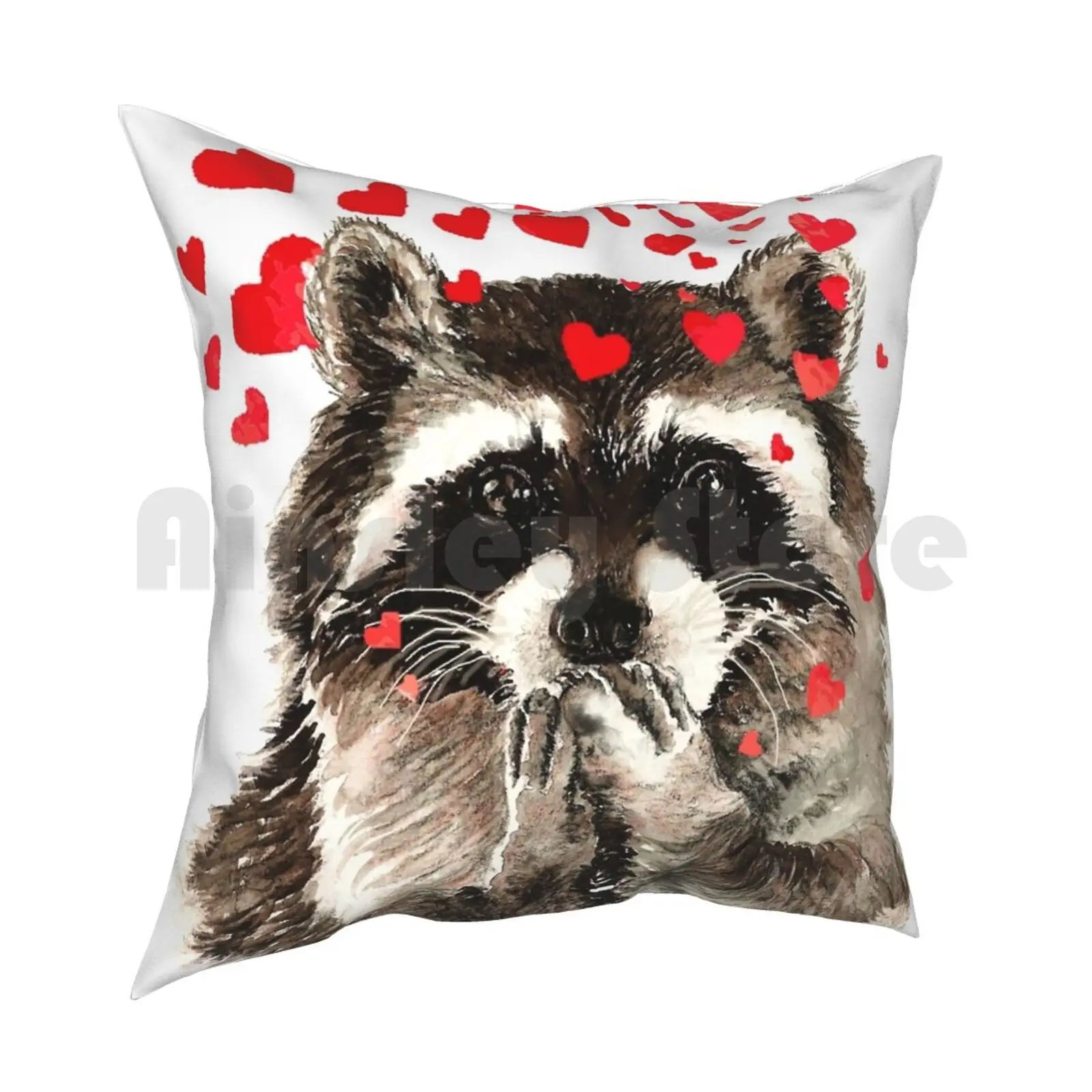 Cute Watercolor Raccoon Blowing Kisses & Hearts Pillow Case Printed Home Soft DIY Pillow cover Cute Watercolor Raccoon