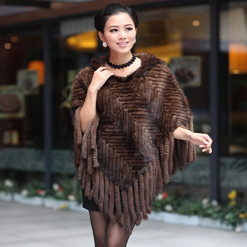 Autumn and winter fashion women fur cape knitted shawl real mink fur hooded cape