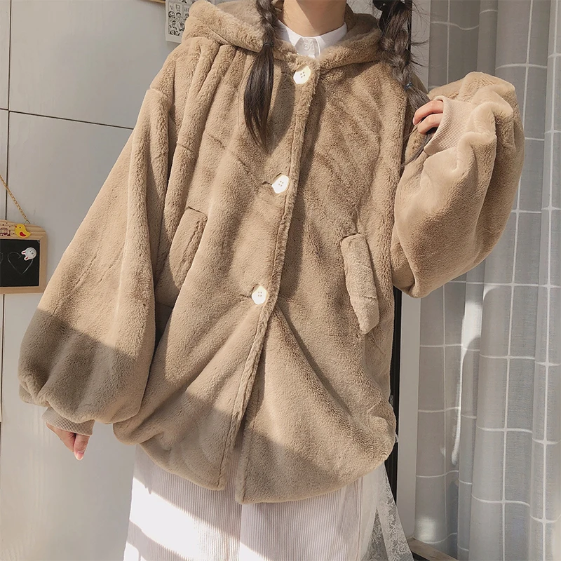 Winter Teen Girls Faux Fur Jacket Lolita Sweet Plush Kawaii Jk Fleece Warm White Fluffy Hooded Coat Women Cute Button Brown