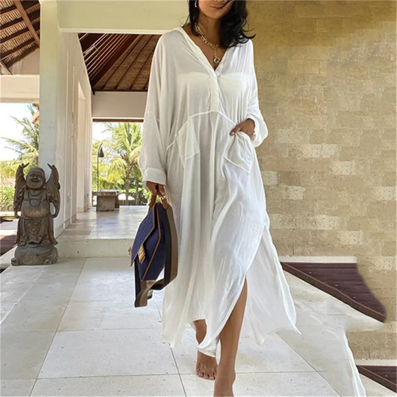 Sexy Bikini Cover-ups Long White Tunic Casual Summer Beach Dress Elegant Women Loose Beach Wear Swim Suit Cover Up