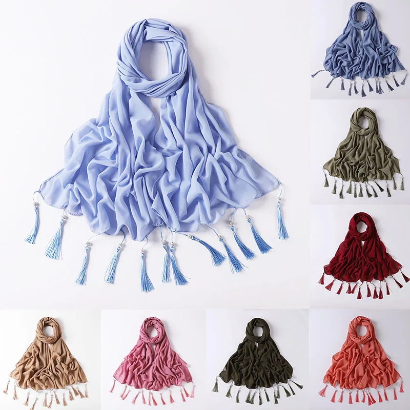 

Autumn Winter Solid Color Chiffon Hijab Scarf Women Long Soft Wrap Scarf Shawl Scarves Femme Muslim Hijabs Tassel Scarf 20Colors