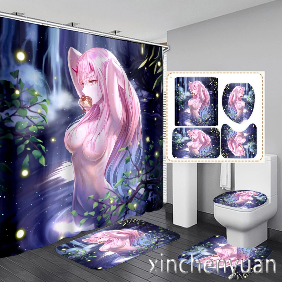 DARLING In The FRANXX Zero Two 3D Printing Waterproof Bathroom Shower Curtain Toilet Cover Mat Non-Slip Floor Mat (1/3/4Pcs) W22