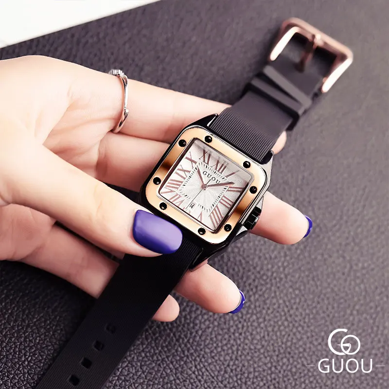 Fashion GUOU Brand Watch Rectangula Quartz Ladies Women\'s Watches Leather Upscale Large Dial Top Luxury Women relogio feminino