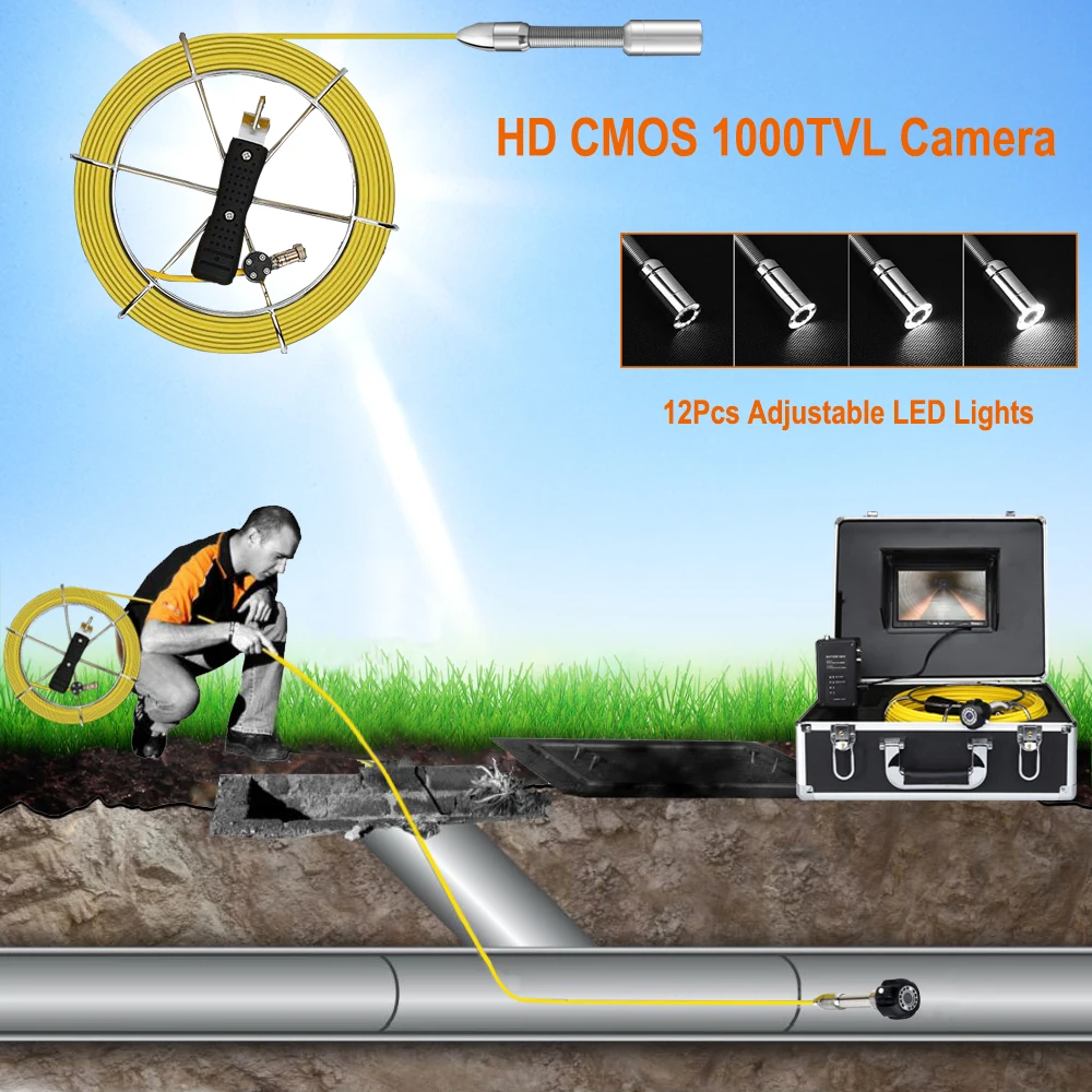 23mm 7inch LCD Monitor Waterpoof Sewer Video Camera System 8GB SD Card with DVR For Pipe Drain Endoscope Inspection 20-50m Cable