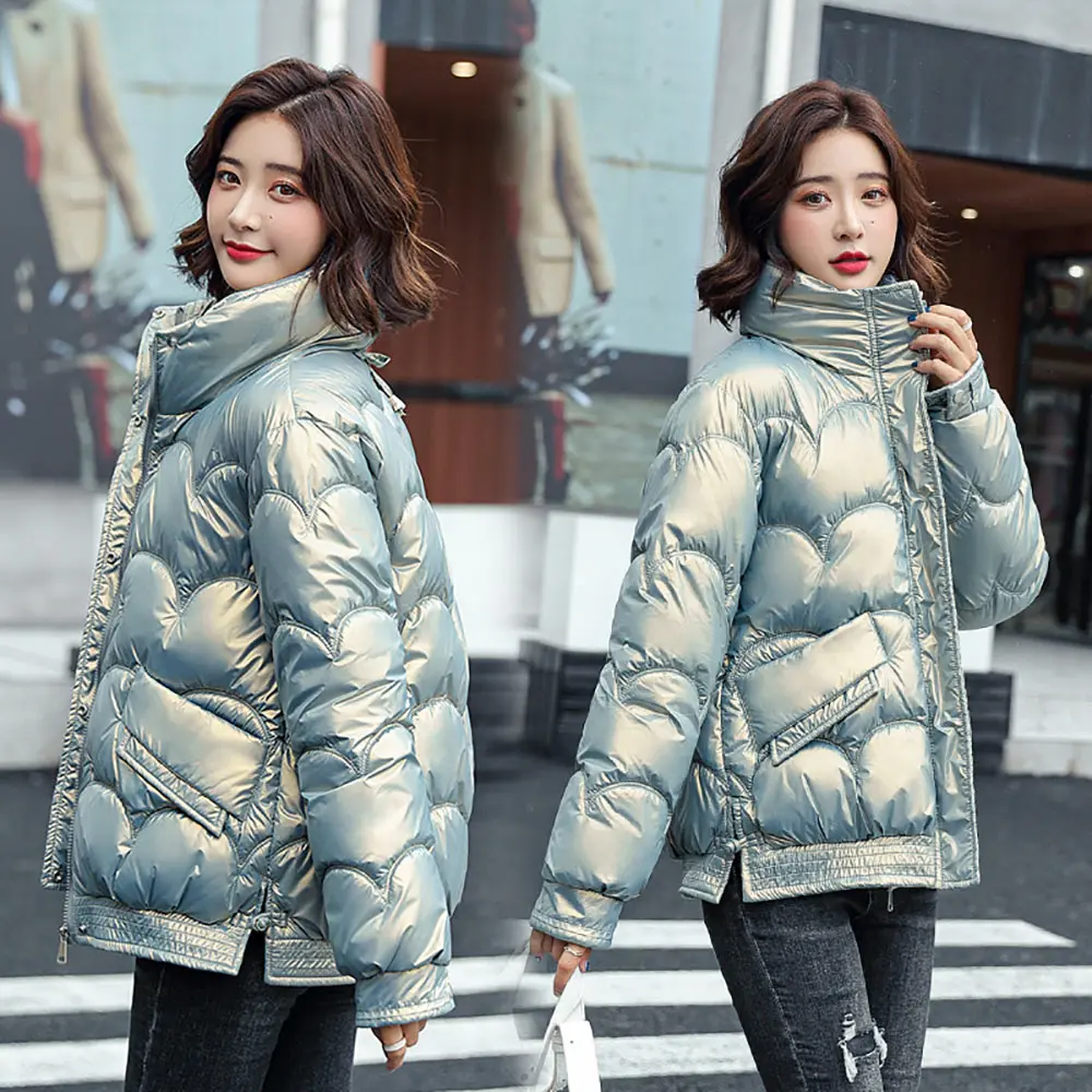 Vielleicht Fashion Winter Jacket Thick Warm Short Parkas Women Winter Coat Elegant Shinny Cotton Stand Collar Jackets Female