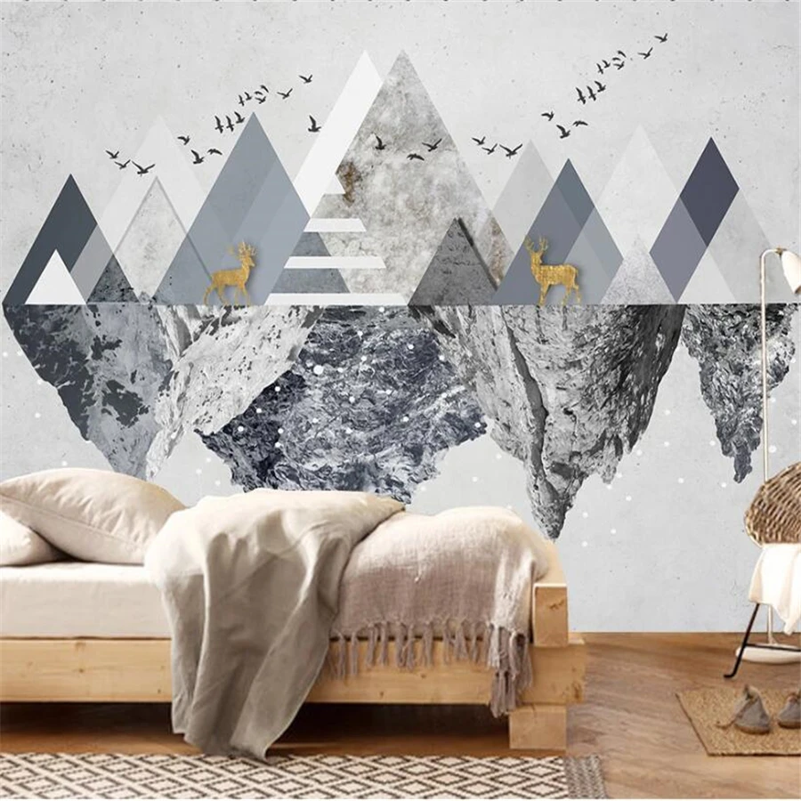 

Custom wallpaper 3d modern minimalistic abstract geometric mountain peak elk bird TV background wall papers home decor wallpaper