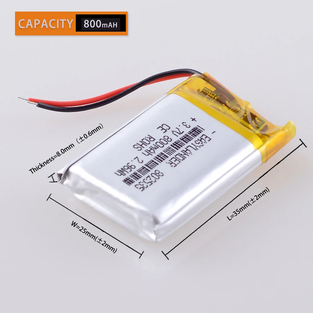 3.7V 802535 800mAh 602535 600mah Li-ion Polymer Lithium Battery Bluetooth headphones column  DVR recorder  Registrar