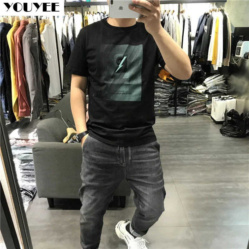 Male T-shirt Stretch Slim Embroidery Letters All-match Simple 2021 Summer New Fashion Trend Tee Mercerized Cotton Men\'s Clothing