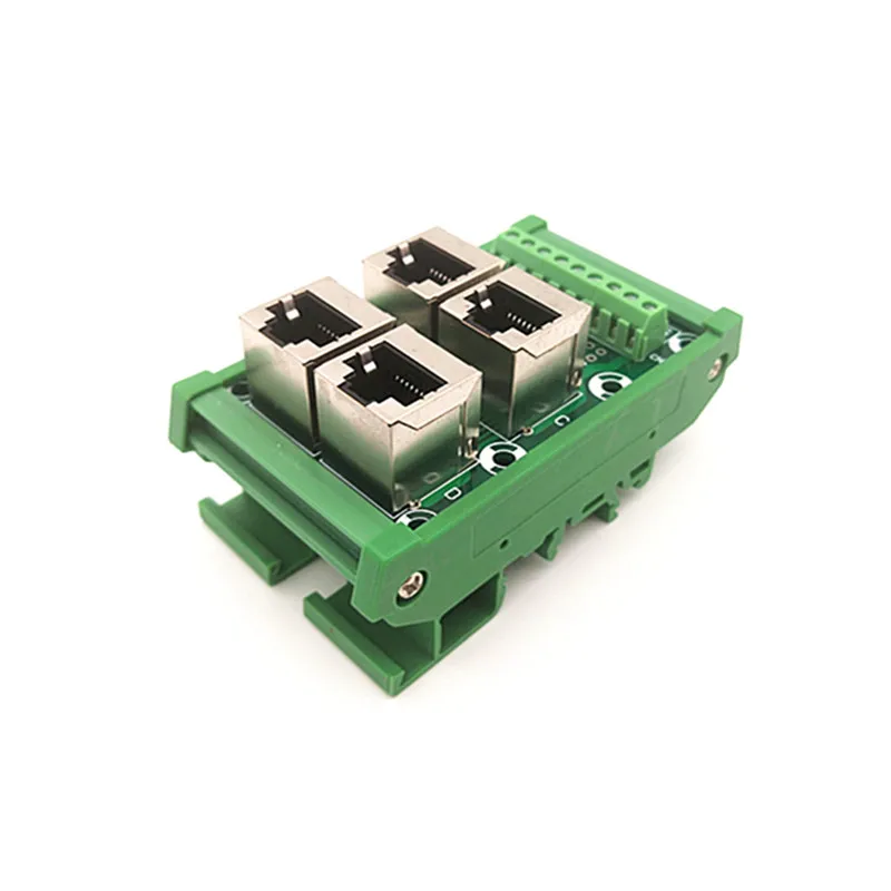 DIN Rail Mount Network Interface Module RJ45 8P8C Vertical Jack 4-Way With shielding Buss Breakout Board, Terminal Block, Connec