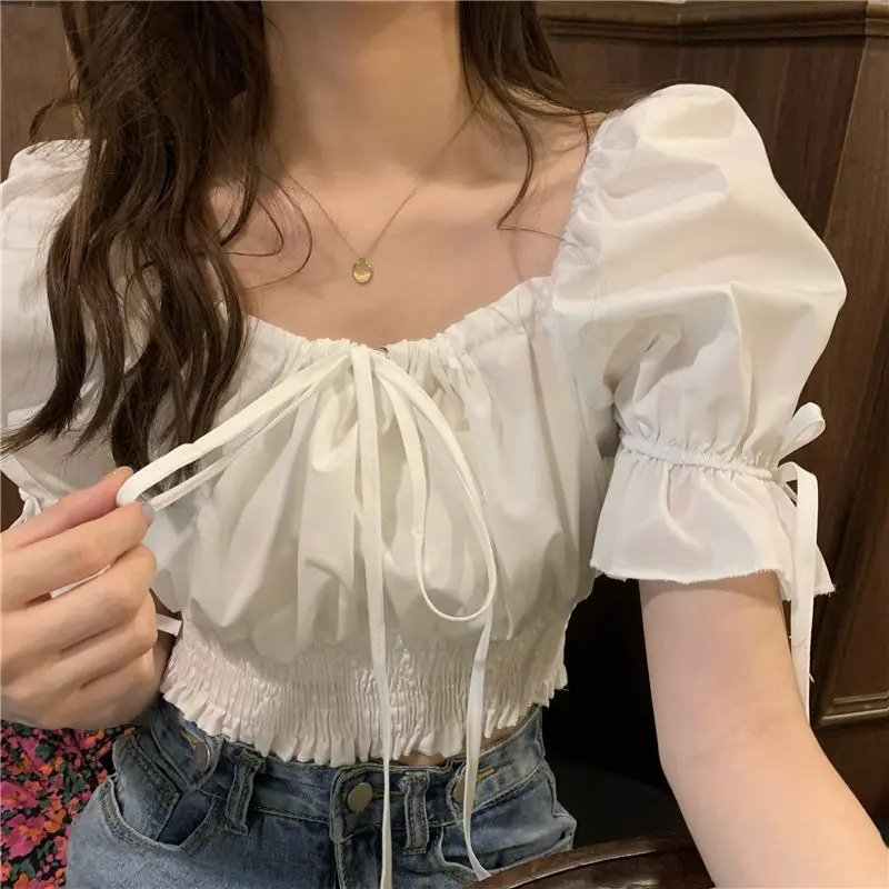 Blouses Women Summer New Casual French Style Sweet Square Collar Fashion Solid All-match Party Holiday Temperament Slim Elegant