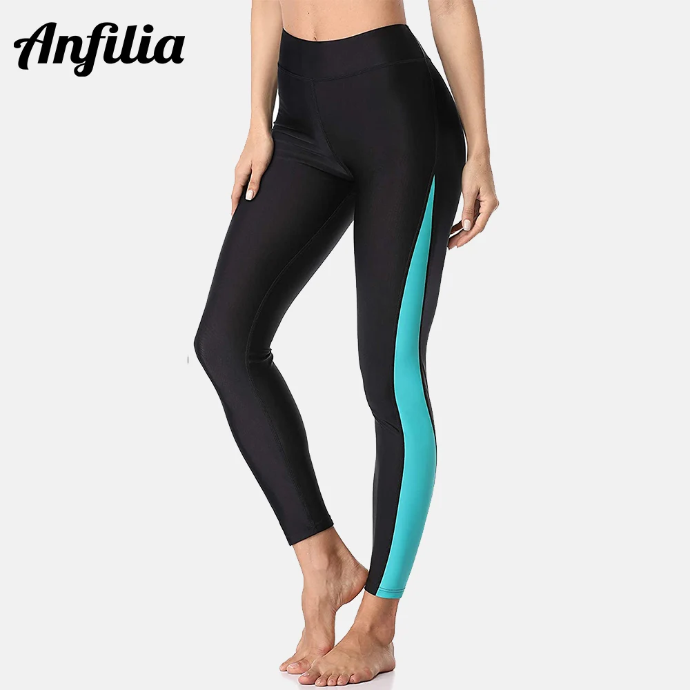 Anfilia Women's Swimming Pants Color Block High Waisted Swim Pants Swim Leggings Swim Tights