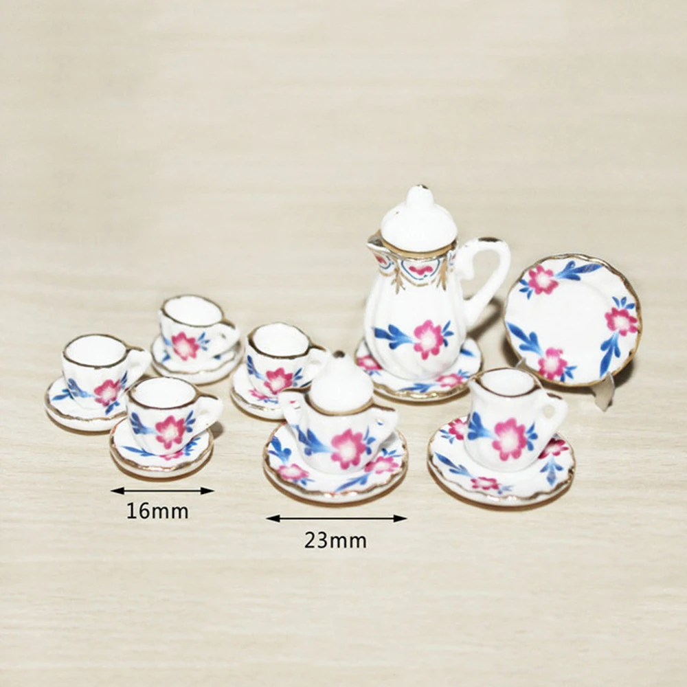 15Pcs 1/12 Dollhouse Miniature Accessories Mini Ceramic Tea Set Simulation Kettle Cup Plate Model for Doll House Decoration ob11