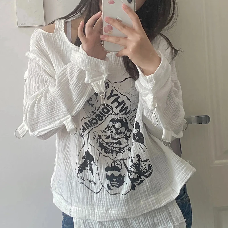 Off Shoulder Long Sleeve Women Harajuku Thin Irregular T-shirt Korean Fashion Cloth White Gothic Lady Skull Print Loose T Shirt