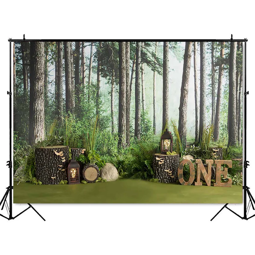 Safari Jungle Themeฉากหลัง1stวันเกิดWoodlandเค้กSmash Photo Boothพื้นหลังสตูดิโอสีเขียวป่าทารกแรกเกิดเด็กPhotocall