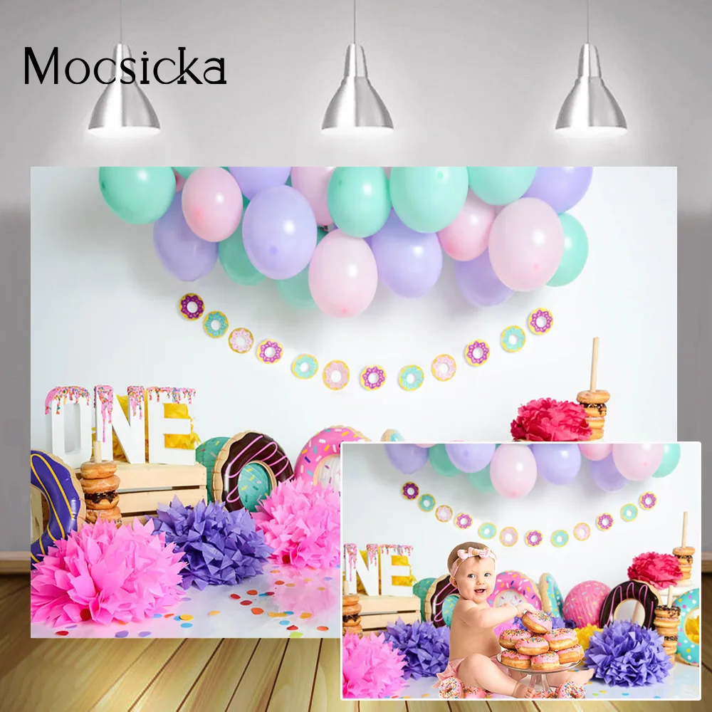 

Donut Themed Children One Birthday Cake Smash Backdrop Kids Portrait Background Sweet Donut Balloons Wall Photography Props