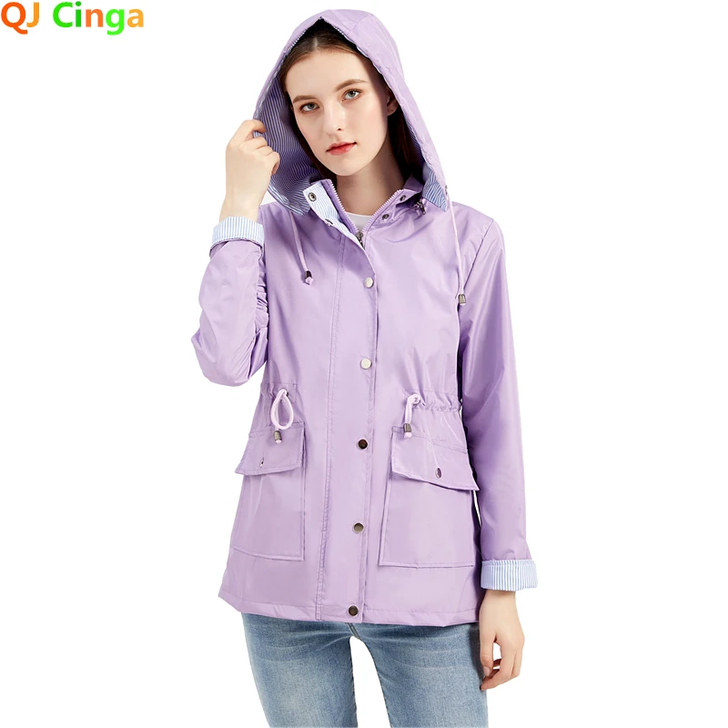 Purple Hooded Jacket for Spring 2024 Women\'s Office Fashion Women Outerwear Hat with Removable Waist Drawstring Water Proof