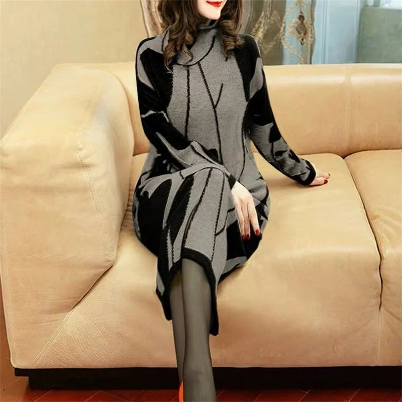 2024 Autumn Winter High Neck Printing Dress Mid-length Bottoming Dress Women New Loose Temperament Fashion Knit Dress A837