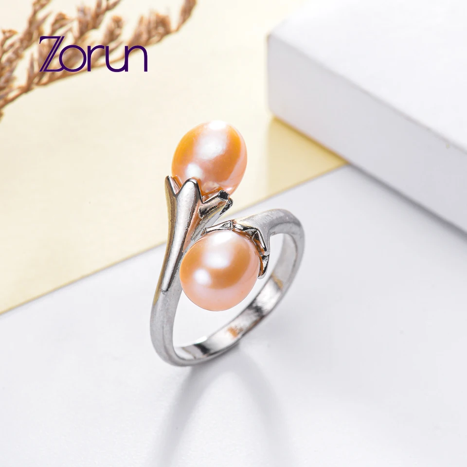 Zorun Real Natural Freshwater Double  Drop Pearl Rings Fine Jewelry  Adjustable 6-7mm Silver Color for Women Design