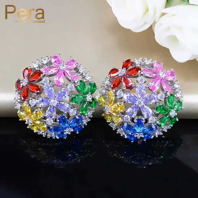 Pera Romantic Big Round Cute Hollow Out Colorful CZ Crystal Silver Color Flower Ball Stud Earrings for Women Party Jewelry E309