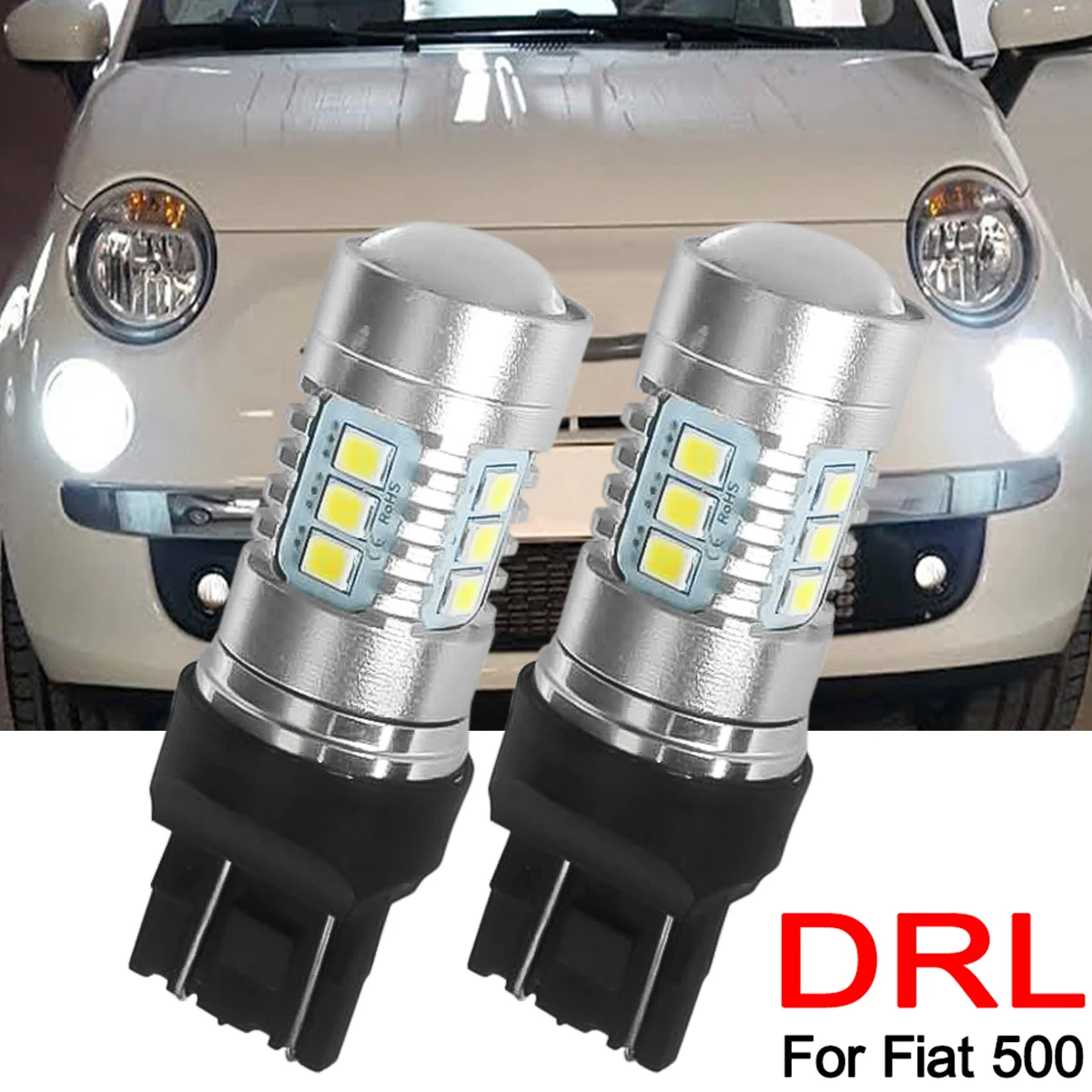 2x Led Daytime Running Light Car Bulbs 580 DRL Canbus No Error For Fiat 500 2007 2008 2009 2010 2011 2012 - on White 6000K