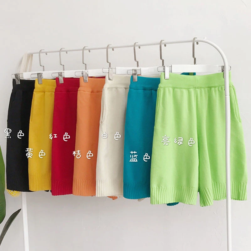 Fluoreszierende 7 Farben Gestrickte Shorts Frauen Stretch Hohe Taille Damen Kurze Hosen Frühling 2022 Lose Beiläufige Breite Bein Weibliche Shorts