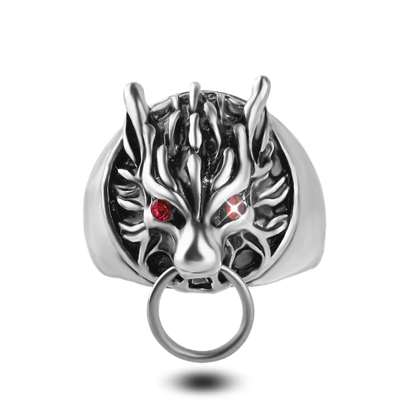 Fashion Retro Red Eye Wolf Head Logo Ring Personalized Men's Ring Punk Motorcyclist Jewelry Cyclist Hip Hop Party Ring