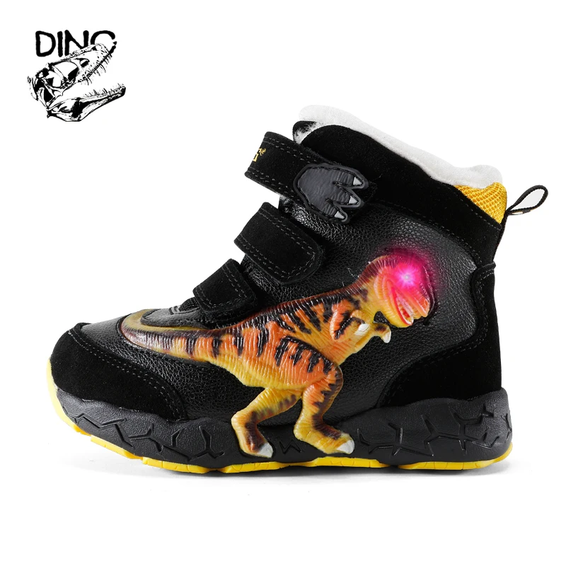 

DINO LED T-REX 3-6Y Boys Children's Winter Snow Shoes Little Kids Light Up Leather Waterproof Warm Plush 2023 New Flashing Boots