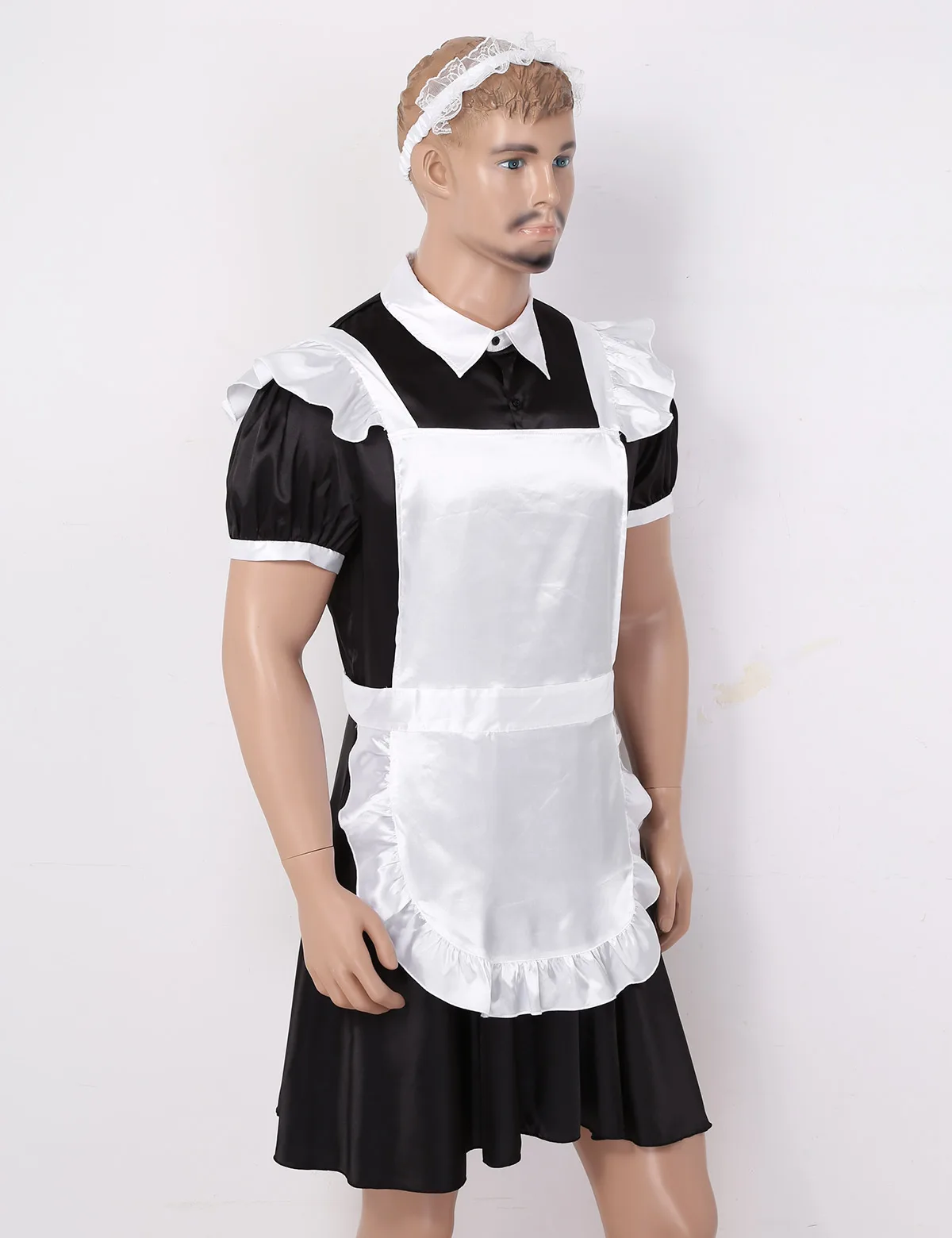 Men Sissy Maid Uniform Hot Sexy Cosplay Erotic Costume Puff Short Sleeves Male Gay Crossdressing Dress with Apron Headband Set