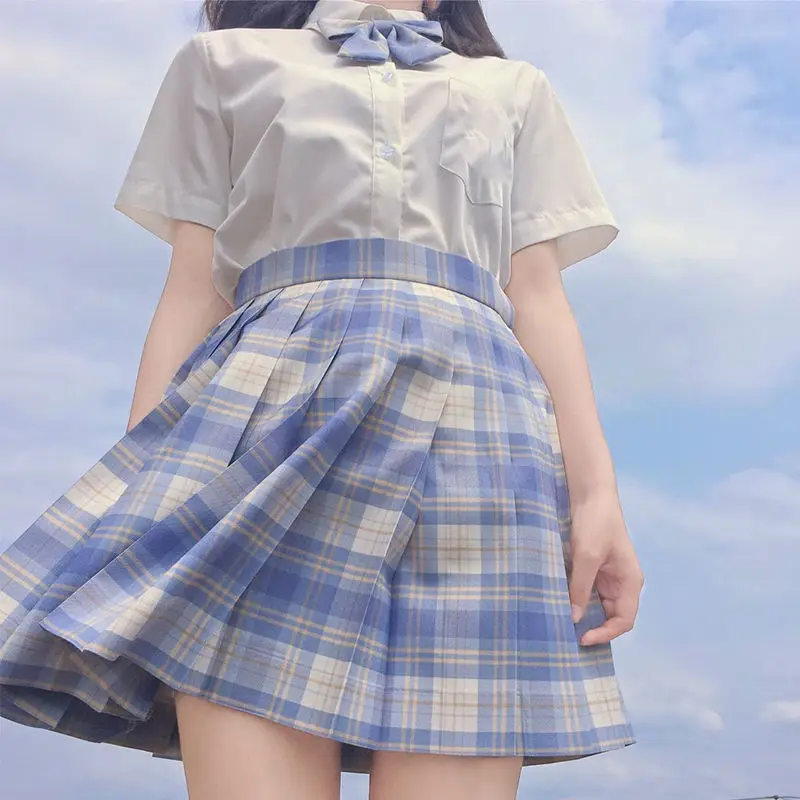 [Ice Cream] Japanese Girl Summer Blue Plaid High Waist Pleated Skirts Plaid Skirts Women Dress For JK School Uniform Students