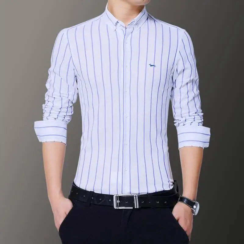 New Spring Men Casual Slim Fit Blouses Japan Style Long Sleeve Striped 100%Cotton Harmont Blaine Shirts