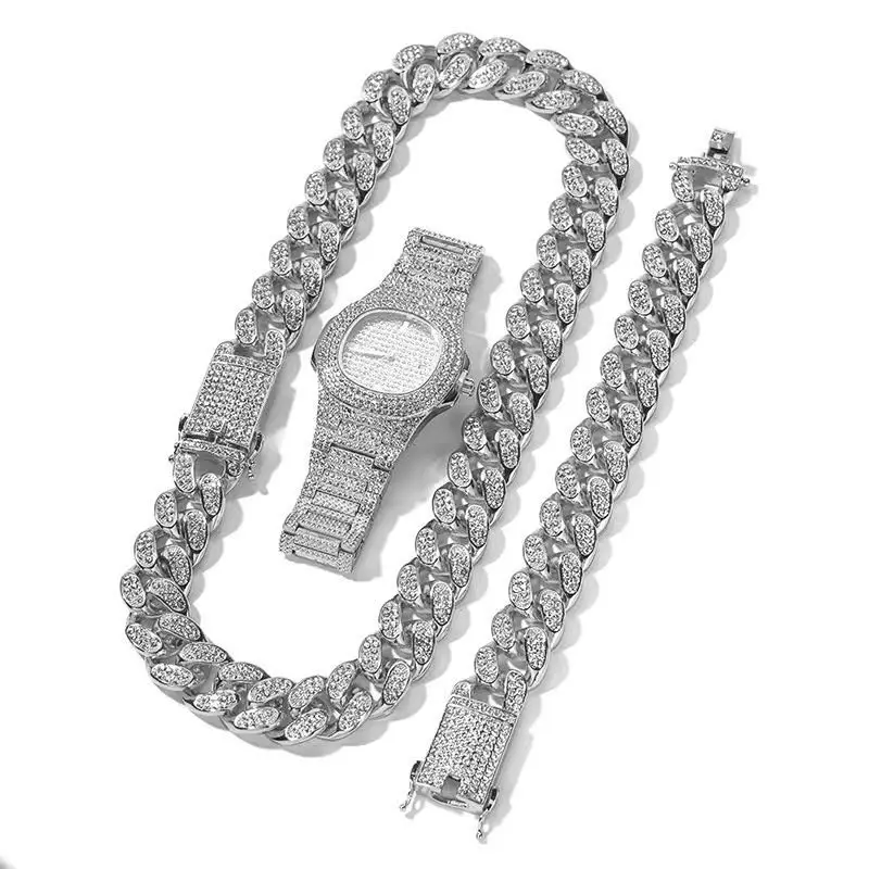 Iced Out Watch for Men Women Hip Hop Rapper Miami Cuban Chain Big Gold Chain Necklace Paved Rhinestone Bling Men Jewelry Set 3pc