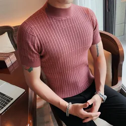 2021 Autumn Knitted T-shirt Men Slim Short Sleeve Sweater Half Turtleneck Casual Tee Tops Streetwear Bottoming Shirt Clothing