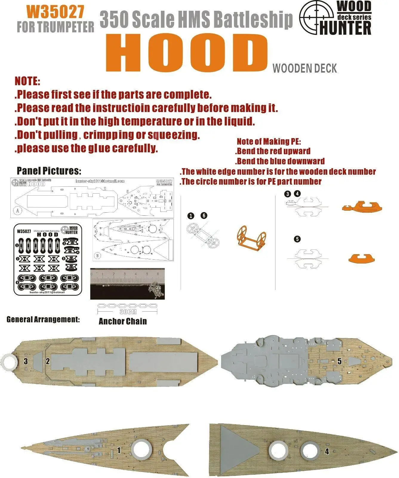 

Hunter 1/350 W35027 Wood deck HMS Hood for Trumpeter Top quality