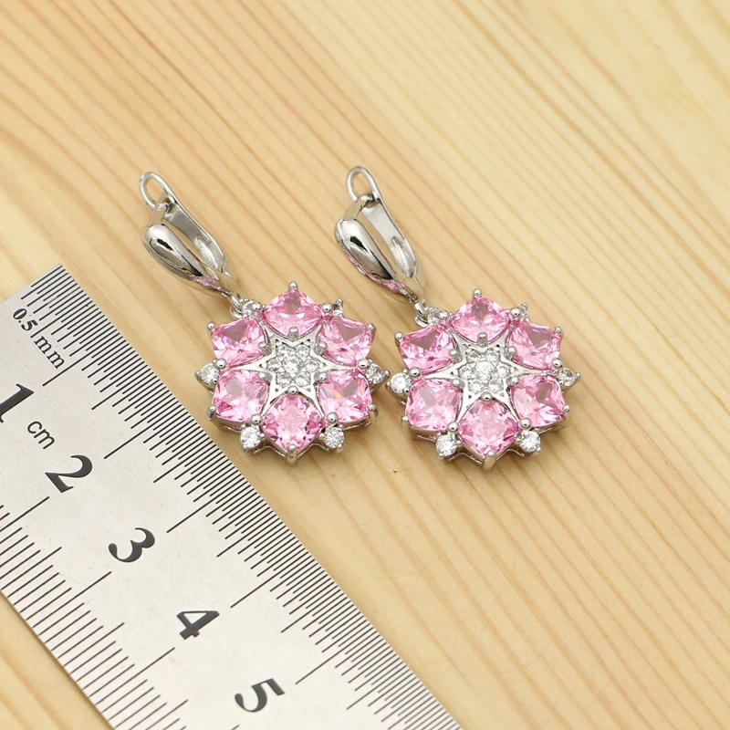 Silver 925 Bridal Jewelry Sets For Women Pink Cubic Zirconia Flower Shape Pendant Necklace Ring Earrings Set
